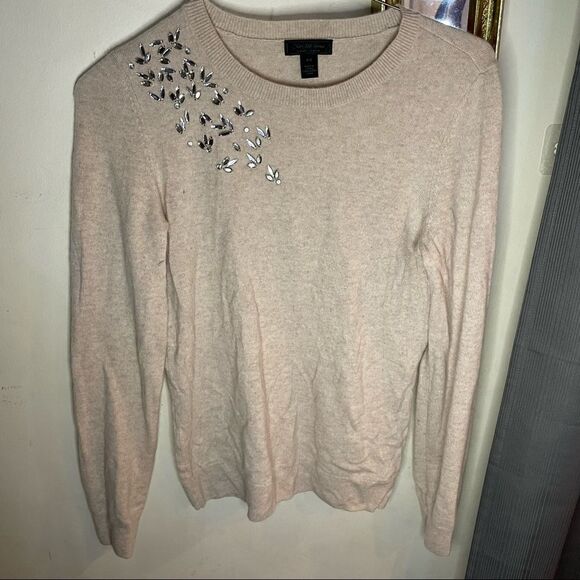 SAKS FIFTH AVENUE Black Label Embellished Cashmere Sweater In Beige- Size Medium - Picture 2 of 11